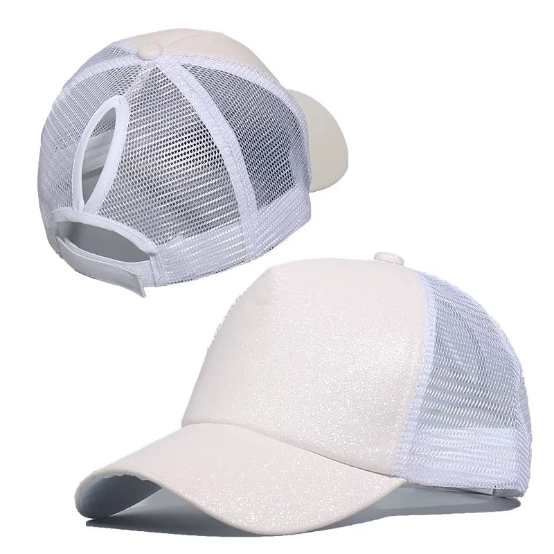Fashion Baseball Caps Women Girl Ponytail Cap Sequins Shiny Messy Bun Snapback Hat Sun Caps Gorra Casual Ponytail Baseball Caps