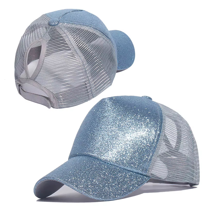 Fashion Baseball Caps Women Girl Ponytail Cap Sequins Shiny Messy Bun Snapback Hat Sun Caps Gorra Casual Ponytail Baseball Caps