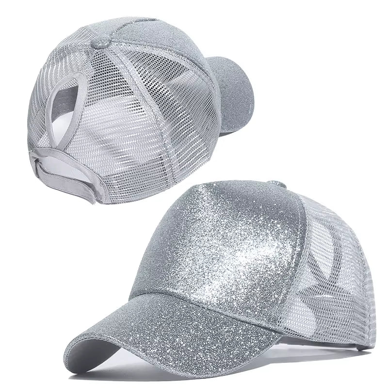 Fashion Baseball Caps Women Girl Ponytail Cap Sequins Shiny Messy Bun Snapback Hat Sun Caps Gorra Casual Ponytail Baseball Caps